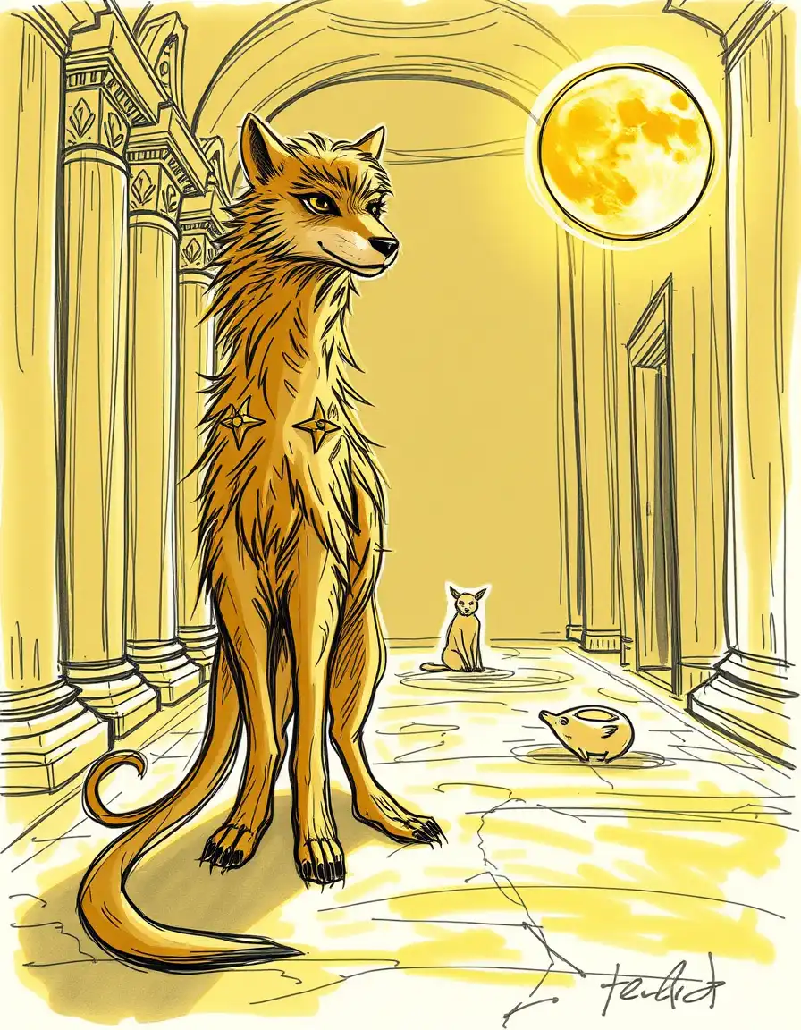 an animal1 with tangled, velvety fur and a long sinuous tail, stands tall in a dimly lit grand hall amidst ornate stone carvings. its head is cast by a warm, golden light, shining on its wide, expressive eyes. it wears gilded adornments on its unkempt fur. the surrounding area is roughly sketched, with unfinished lines and shading, hinting at the presence of an animal2 sitting on its haunches in the background. the animal2 is sketchily drawn, with an air of mystique, looking up at the larger animal. the ground beneath is a rough sketch of polished marble, and above, a partly drawn yellow moon shimmers in the upper right corner, surrounded by a soft, ethereal glow of an auroral halo cast from barely visible, hazy brushstrokes. the dominant colors are muted tones of yellow, with touches of red, giving the sketch an organic, handmade character.