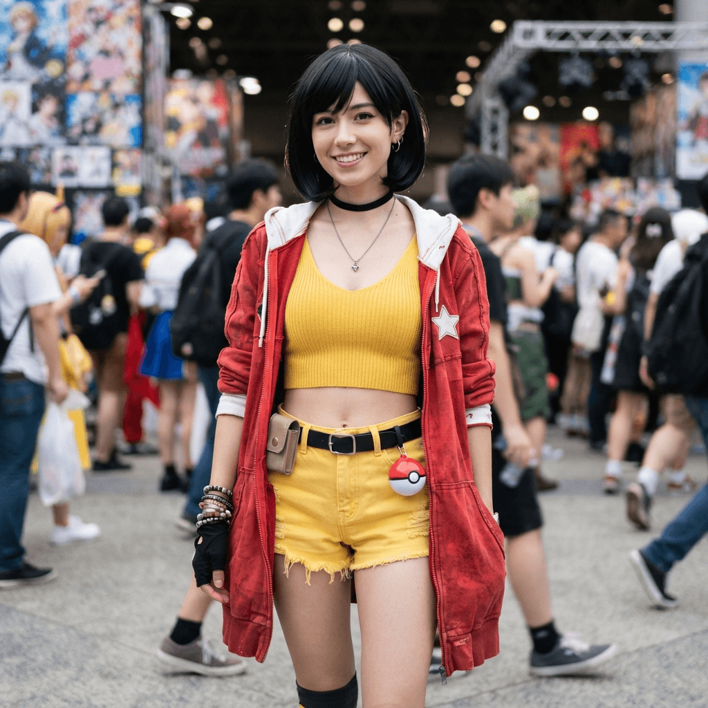 a woman with dark bobbed hair in a yellow crop top and shorts with a red open jacket, cosplay portrait, waist up, detailed costume