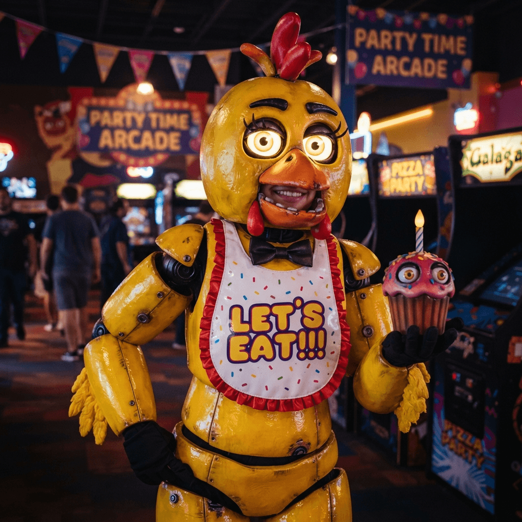 an animatronic chicken character in glossy yellow with a bib and a cupcake prop, cosplay portrait, waist up, detailed costume