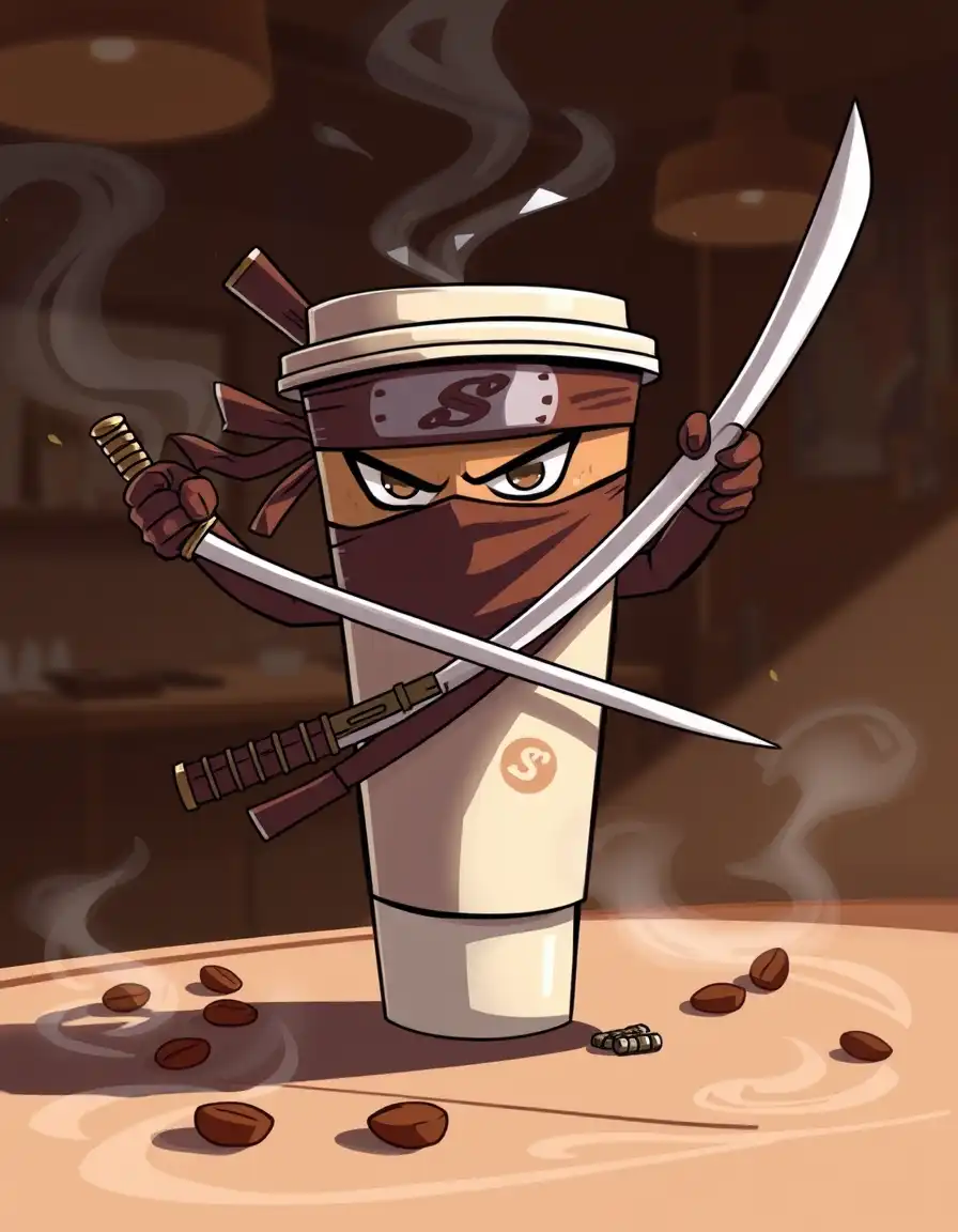 "Illustrate the Cappuccino Assassino, a stylized coffee cup transformed into a fierce ninja warrior. The character should have a sleek design, featuring a take-away coffee cup with a plastic lid, adorned with a Naruto-style headband. It wields dual katanas, poised for action, with steam rising around it, creating an aura of mystery. The background should depict a dimly lit café, with shadows and soft lighting that enhance the character's stealthy nature. Include elements like coffee beans and swirling cream patterns to emphasize the cappuccino theme."
