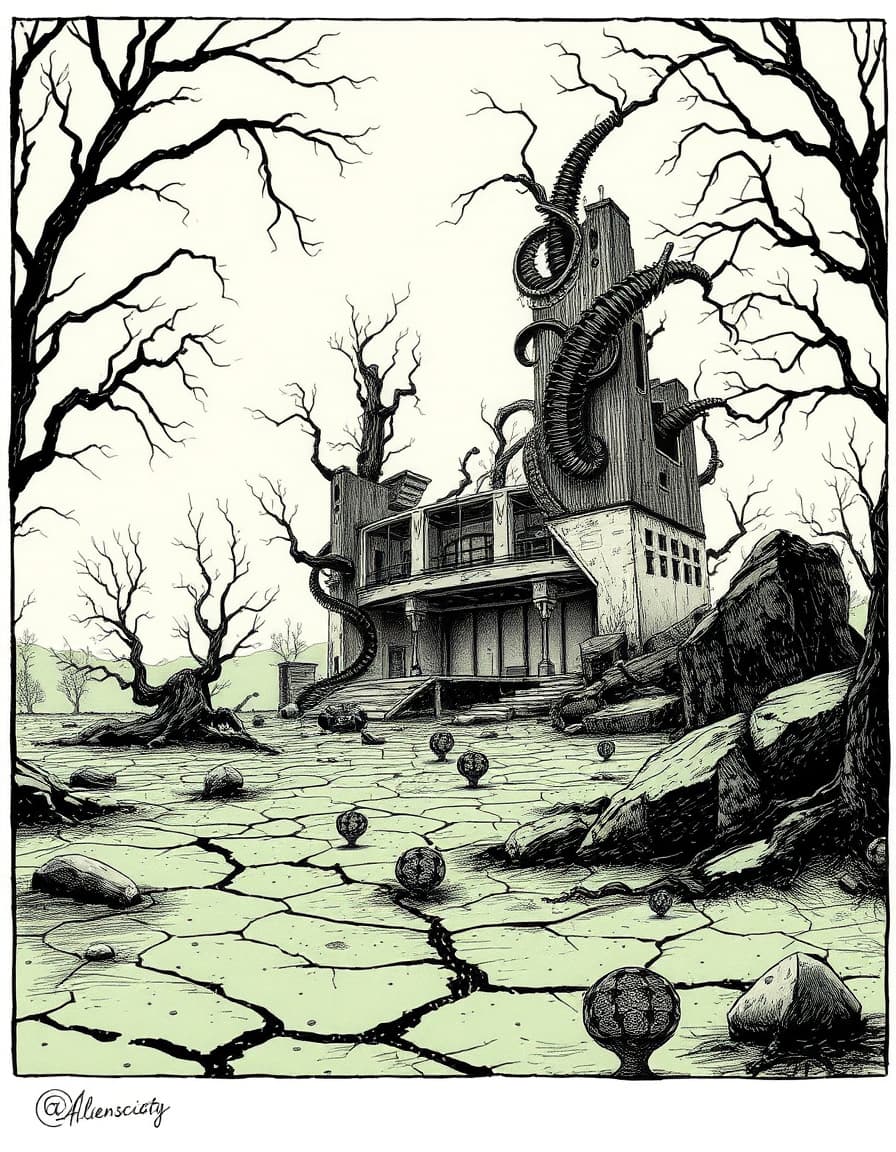 a human/alienciety landscape an abandoned laboratory lies devastated in the red zone. the once-intact structure now stands partially consumed by twisted, organic-black lines of biomechanical growths, resembling delicate pen and ink drawings. simple, fluid lines represent glowing veins on trees and rocks, while pulsating alien spores on the ground are depicted as tiny black dots on a sickly green background, representing a subtle earth tone. cracked earth emits a soft mist, and abandoned structures remain half-shrouded in darkness.