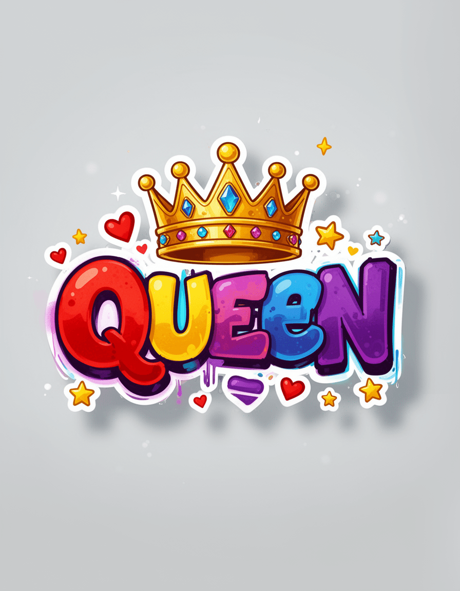 "Queen" text in vibrant, colorful graffiti style with bold, rounded letters.

A golden crown adorned with jewels hovers above the text, adding a regal touch.

Small red and yellow hearts and stars are scattered around, enhancing the playful feel.

Set against a soft, light gray background with a subtle shadow effect on the text.

Centered composition with a sticker-like appearance, outlined in white.

Bright and evenly distributed lighting, highlighting the glossy texture of the letters.

A mix of bright colors including red, yellow, purple, and blue, creating a lively atmosphere.

Cartoonish illustration style with smooth lines and a glossy finish.

Cheerful and fun mood, conveying a sense of empowerment and playfulness.