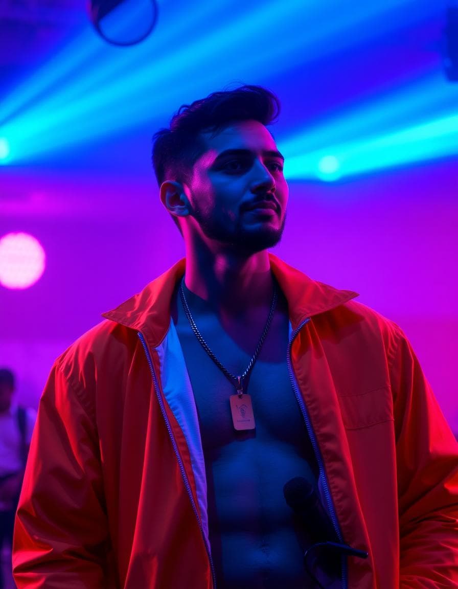 man in a bright orange jacket stands under pulsing neon lights, pulling a microphone from his waistband, vibrant shadows dancing across his face, electric blue and pink glow illuminating the lively scene.