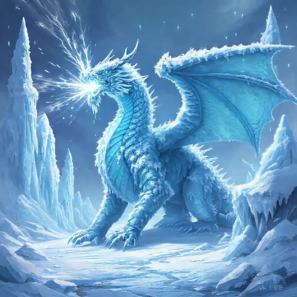 In the frozen world of "Frost Dragon" by S. W. F., an ice dragon dons frost-covered armor, releasing icy blasts from its glacial stare. The landscape transforms into a crystalline mosaic as colossal icicles emit a frosty glow, crafting an enigmatic and frostbitten tableau. The art style exudes a frigid enchantment, captivating with its chilling aura of frost and snow.