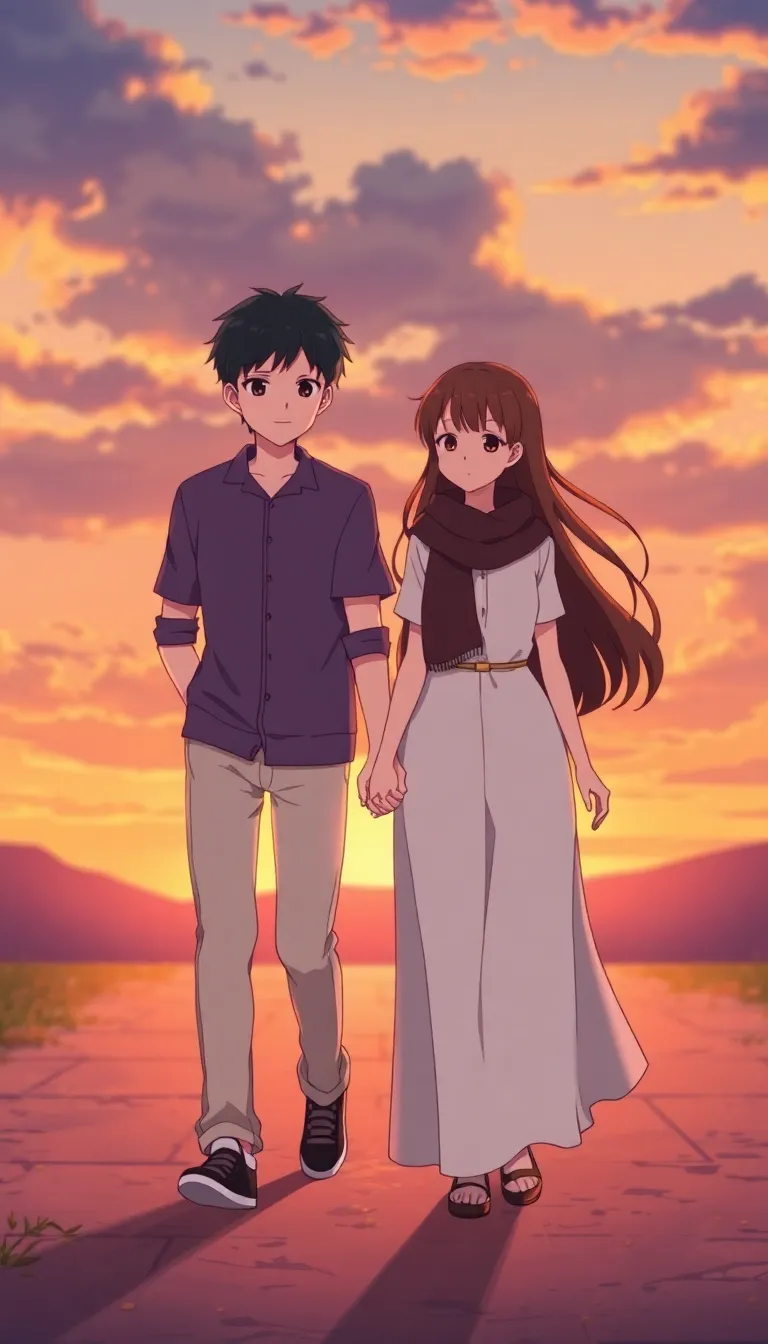 anime romantic couple walking together at sunset, holding hands, soft glow, dreamy background, love and loyalty feeling, cinematic consistent characters, same couple, same face features
