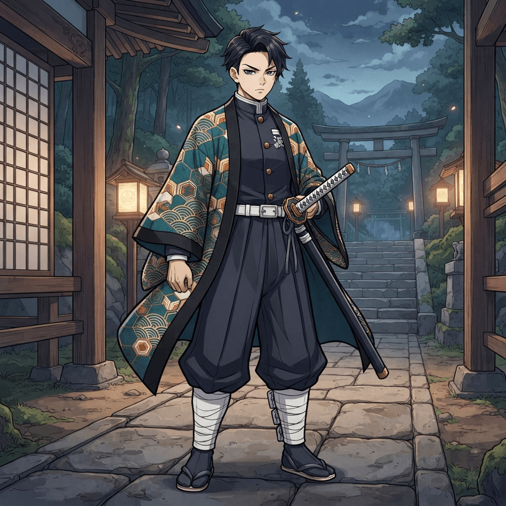 a taisho era demon slayer character base in a dark corps uniform with a patterned haori, clean lines, different color scheme