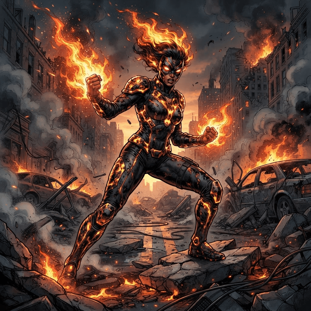 original fire-powered superhero mid-action, flaming fists, molten armor, ruined city street, Marvel comic book style