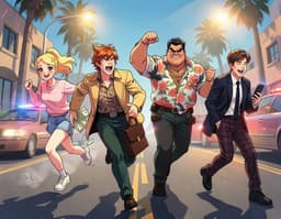 Foreshortened dynamic chase scene in a sun‑drenched Beverly Hills street: Kitsune McKenzie dashes forward with a huge grin, a leather briefcase spilling bright dollar bills that glitter under streetlights; Furio Perino follows close behind, arms raised defensively, a determined scowl on his face; Bianca "Bia" Atch sprints left, hair whipping in the wind, confident grin as she glances back at the chaos; Lorenzo “Cobbles” Vance lags slightly, laughing, eyes flicking over his shoulder while looking at his iPhone. Police sirens flash behind them, headlights slice mist. The scene is rendered in bold, flat colors and dramatic linework of classic 1970s anime, with high contrast, flat shading, limited palette, and retro grainy texture.
