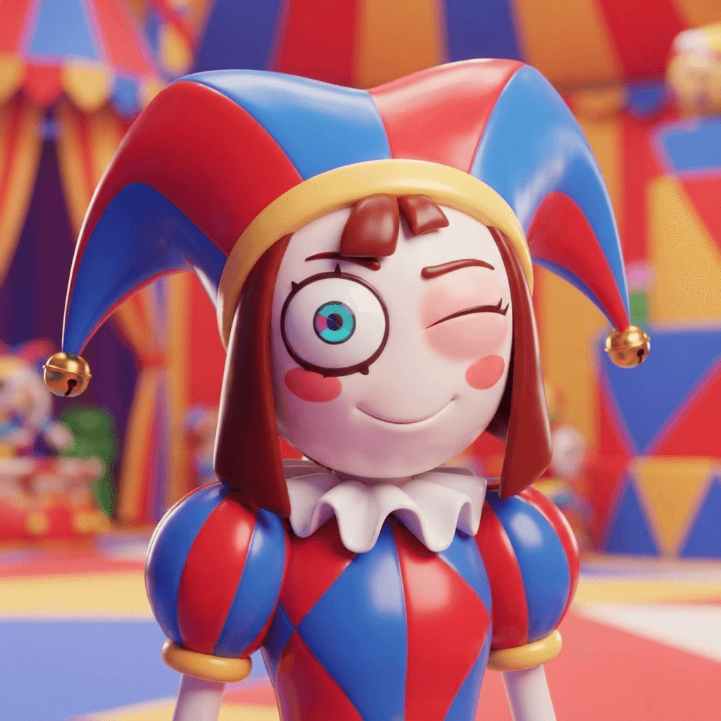 Pomni from The Amazing Digital Circus, jester harlequin outfit with red and blue diamond pattern, tall jester hat with bells, big expressive eyes, centered avatar bust with a playful wink, square profile picture crop, glossy 3D circus style, polished expressive 3D animation, bright colorful Amazing Digital Circus environment, no text, no logo, no watermark