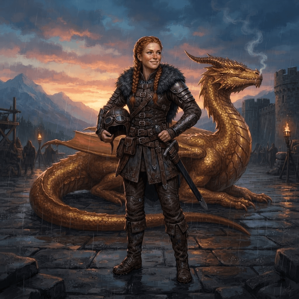 dragon rider woman with braided red hair and freckles, dark leather flight gear with a fur collar, holding a leather helmet, standing on a rain-soaked landing field, a sleek gold dragon with smoke curling from its nose resting behind her, moody sunset light, painterly fantasy book cover art, full body