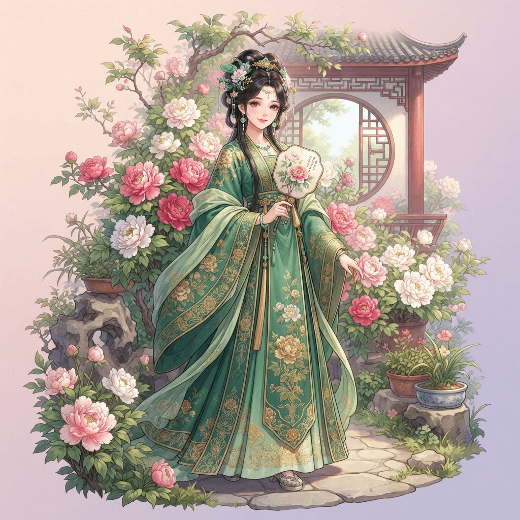 anime girl in a chinese imperial rear palace garden, embroidered green hanfu robes, hair pinned with jade ornaments, peonies behind her, clean soft gradient studio background, vibrant, crisp high detail, digital illustration, no text, no words
