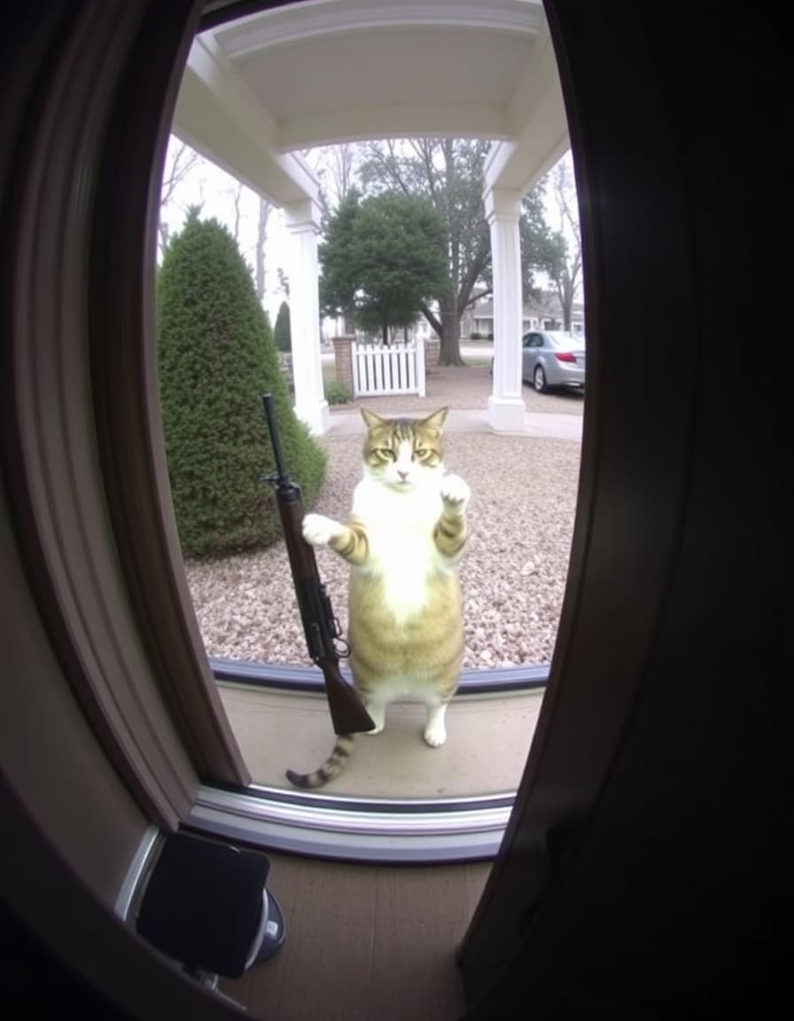 ring doorbell footage from inside a house, of a cat standing on it's hind legs outside the door on the porch, holding a firearm