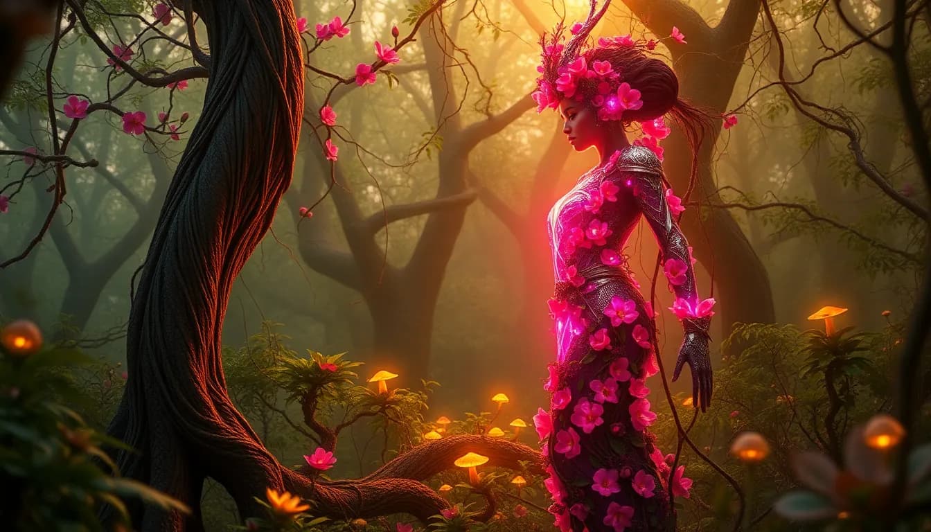 a male and female humanoid couple intricately woven from vibrant flowering vines merge with the ancient forest, their botanical bodies blending seamlessly with the environment as twisting roots climb their legs and blossoming branches frame their shoulders. amidst this enchanted woodland, a warrior goddess emerges, her shimmering diamond armor radiating a neon glow as she stands tall, her presence illuminated by the cinematic golden-hour lighting that highlights every textured vine strand and translucent petal. the enchanted woodland glows with an otherworldly energy, as bioluminescent mushrooms and ethereal mist enhance the magical atmosphere, rendered in hyper-realistic fantasy realism with a contemporary desaturated jewel-tone palette that balances natural greens with vivid floral hues, now infused with the warrior goddess's radiant neon glow.