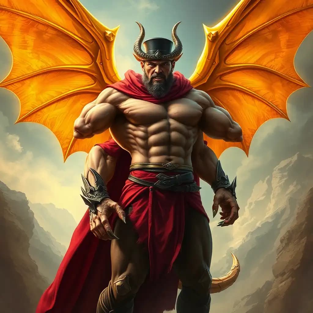 a fierce huge muscular man with golden dragon wings, shining horns and dragon claws. he wears long red cloak and tophat, with the same fierce strength but amplified muscle definition and enormous physique.