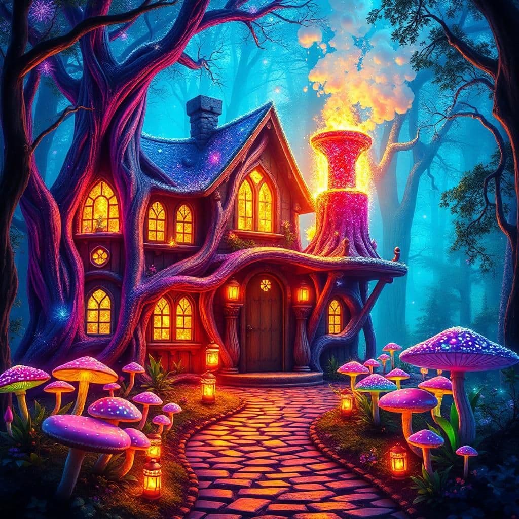 "a resplendent, effervescent dream house hidden within a dazzling, iridescent forest. the house is intricately crafted from glittering, crystallized tree roots, ablaze with rainbow hues of sapphire, amethyst, and emerald. the windows sparkle like diamonds, casting shimmering, bioluminescent shadows on the walls. a roaring chimney erupts with glittering, fireworks-like flames, leaving a trail of glittering sparks that gently rain on the ground. the garden is ablaze with numerous, sparkling, crystal-like mushrooms, their toadstool caps quivering with soft, rainbow-colored light. edged lanterns made from luminous, crystal glass reflect vibrant, rainbow colors, line the cobblestone path leading to a wooden door, enveloped in shimmering, glittering flames, caressed by the nearby firestorm. sparkling, puffy clouds dance above, as ethereal, whispery voices whisper through the forest, summoning whimsical, mythical creatures."