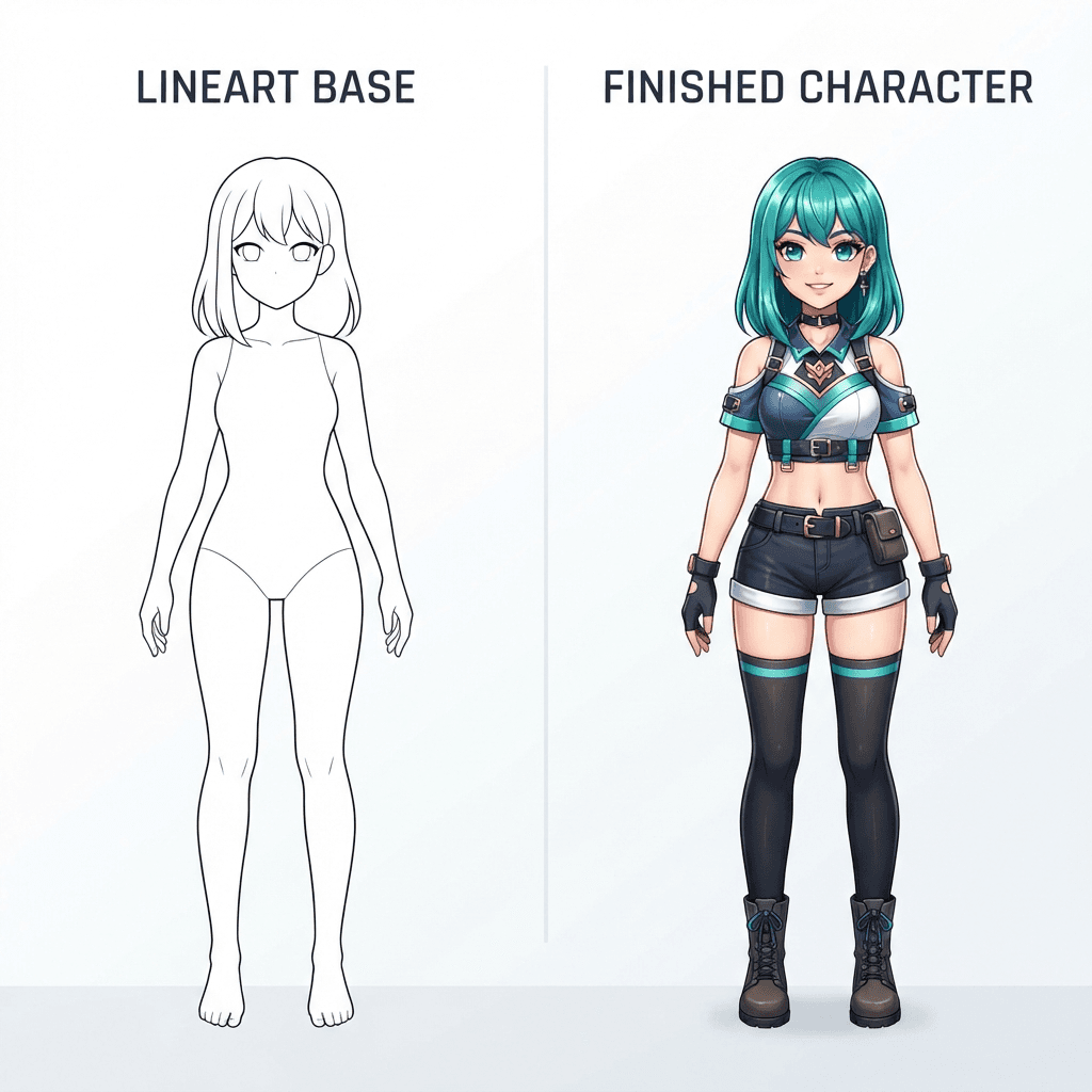 OC base template, blank anime character lineart base next to the finished colored original character, before and after
