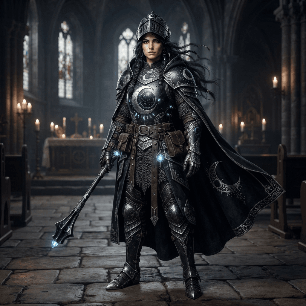a dark haired cleric in ornate black and silver armor with a shadowed moon motif, cosplay reference, full body, standing portrait