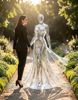 a crystalline ice sculpture of a flowing maxi dress drapes over a sunlit garden pathway, its frosted fabric catching gentle breezes and golden light. the sculpted silhouette is centered, outlined by soft shadows, presenting the elegant, floor‑length garment as if carved from winter glass. raven noir strides in from the left, mid‑stride, turning her head to glance toward the frosted dress, her posture confident and poised, her likeness preserved exactly as in the reference image, while the surrounding garden remains unchanged.