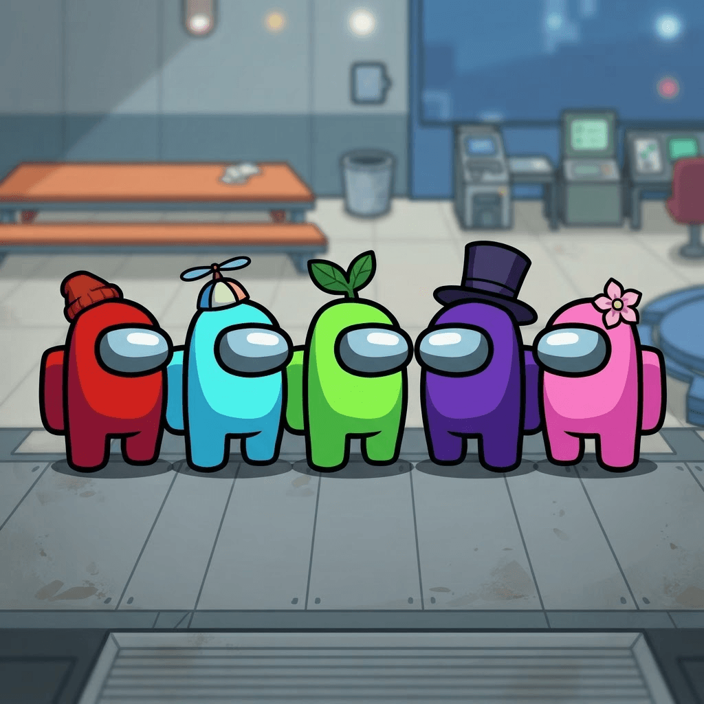 Among Us video game style crewmate bean characters group portrait, red cyan lime purple and pink crewmates together, armless rounded astronaut beans with glossy visors and tiny legs, flat cartoon game art, clean soft background
