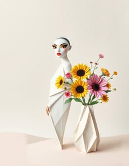 a fashion model with an origami‑paper body and crisp folded planes, posed beside a delicately folded paper vase holding a pastel bouquet of roses, sunflowers and daisies, rendered in a sand‑sky‑sea palette of pale sand, soft sky‑blue, seafoam and driftwood gray, wild brushstrokes and simplified shapes, winding trail composition guides the eye along a sinuous s‑curved path through the frame, creating rhythmic bends and depth, cartoonish almond‑shaped eyes with ultra‑long black winged eyeliner, bright yellow eyeshadow and vivid red‑orange lips outlined in thick black animation lines, chaotic colorful lines and volumetric light glow unified by the same pale sand, soft sky‑blue, seafoam, driftwood gray palette.