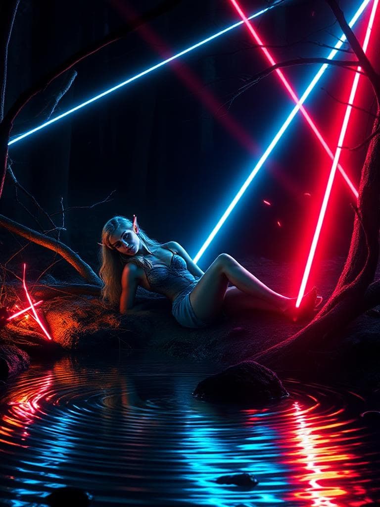 In this dynamic composition, an elven woman reclines by a forest pond, the diagonals of the scene imbuing a sense of movement and tension. Her figure, slightly tilted, suggests a moment caught in motion, drawing the viewer's eye across the frame with an energy that feels both excitable and charged. The forest around her is alive with diagonal lines – branches reach out at sharp angles, and shadows slant across the ground, creating an atmosphere of suspense and anticipation. The pond reflects these lines, with its surface disrupted by ripples that radiate outward, adding to the sense of chaos and transformation.

Vibrant, neon colors splash across the scene, with bright blues and reds cutting diagonally through the dim environment, their energy contrasting with the tranquil setting. The metallic sheen of nearby objects glints in and out of view, their reflections mirrored and sliced by the pond’s wavering surface. This interplay of color and movement suggests an atmosphere filled with secrets and whispered warnings, while the soundscape hums with futuristic hints – the gentle stir of leaves, the rhythmic drip of water, and a distant, barely audible technological hum.

Surrounded by this mesmerizing yet unsettling scene, the elven woman remains poised, a figure of calm within a vibrant and accelerating landscape. The overall composition captures a moment of balance on the edge of transformation, wrapped in an aura of excitement and impending action.