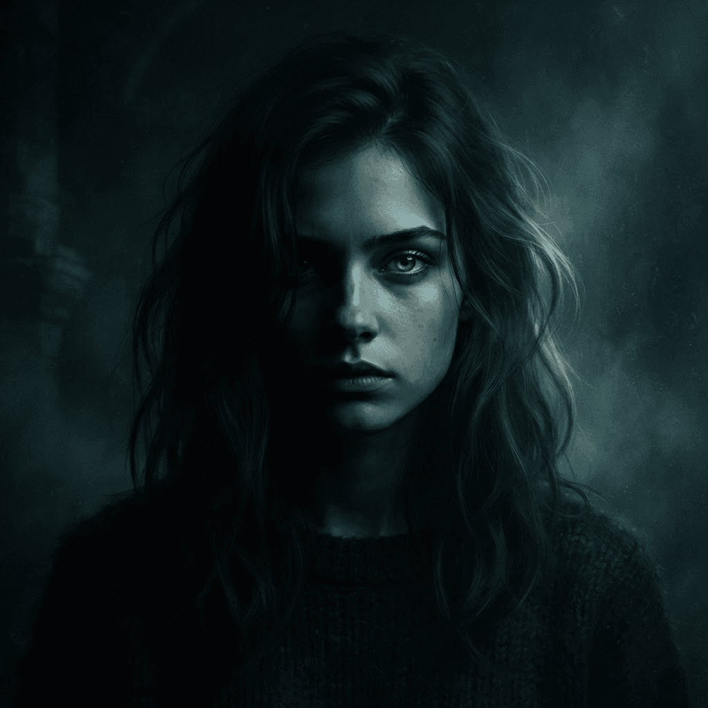 moody low-key portrait avatar of a young woman, dramatic chiaroscuro, half face in shadow, cool moonlight edge, dark teal and black, atmospheric mist