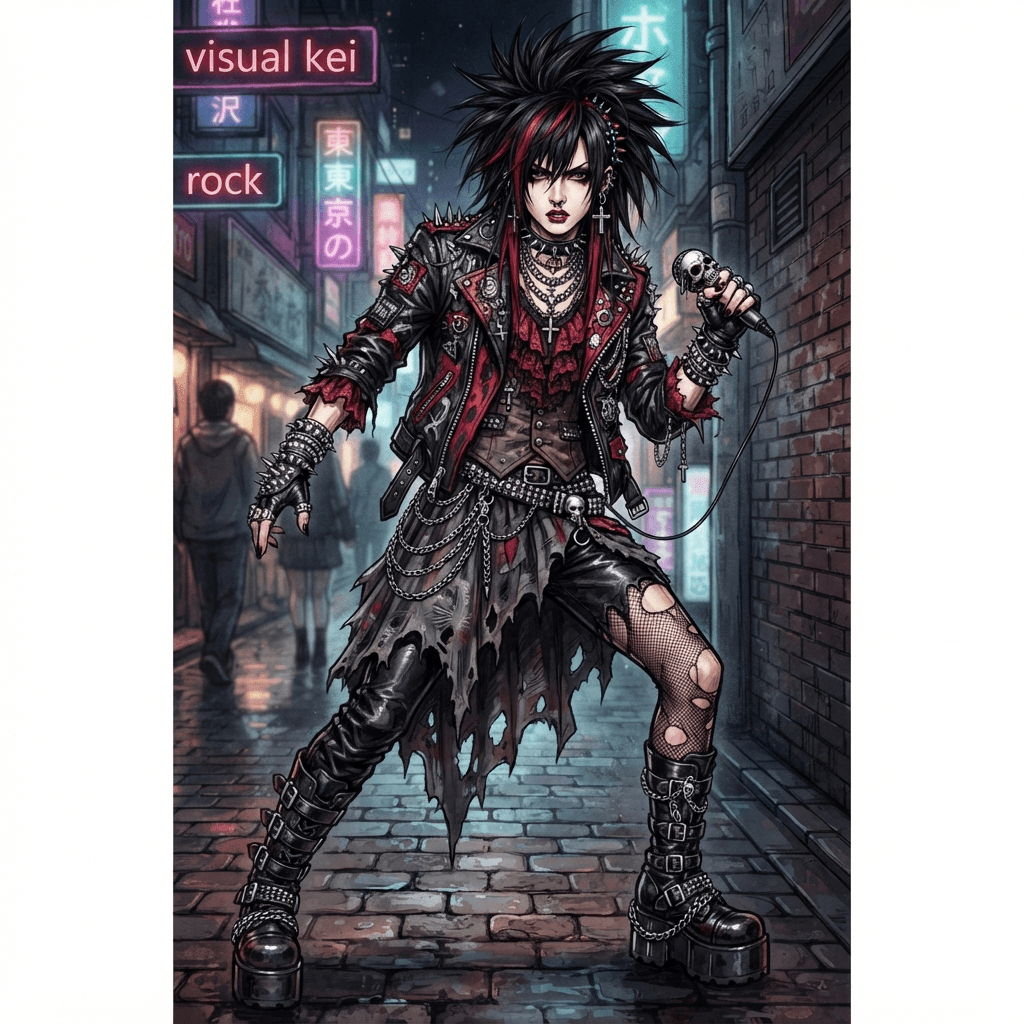 visual kei fashion, dramatic black and red layers, spiked hair, heavy silver jewelry, gothic punk, styled with statement accessories, fashion illustration, full body