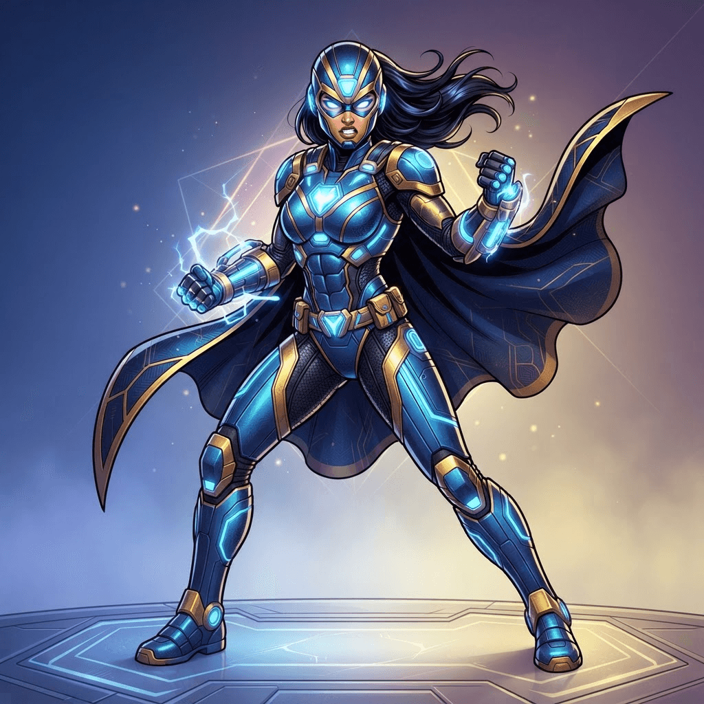 female Marvel-style superhero original character, armored suit with glowing accents, heroic pose