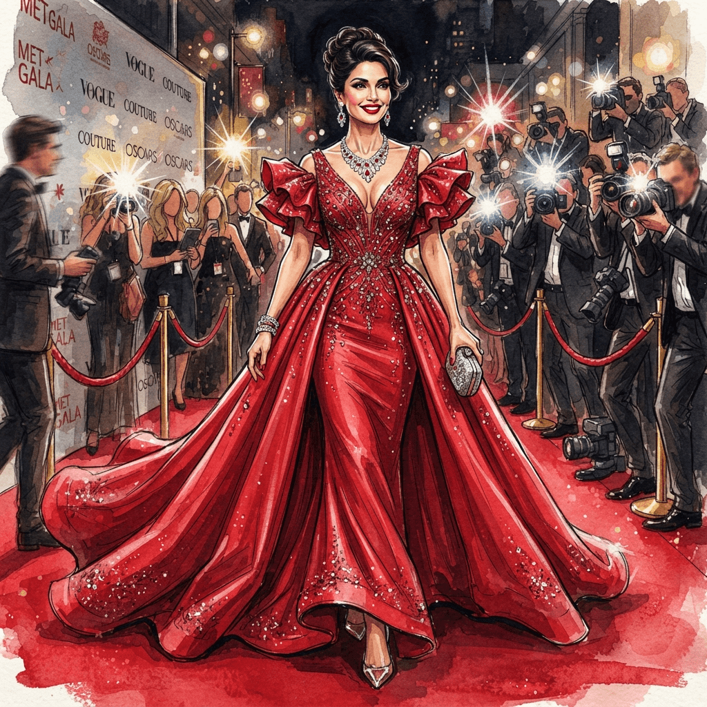 red carpet fashion, sweeping couture gown, statement jewelry, flashbulb glamour, full length gown look, fashion illustration, full body
