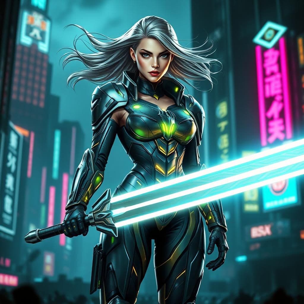 "Futuristic female warrior standing tall in a dystopian cityscape, wearing a high-tech, armor-like suit with glowing neon accents. She holds a glowing energy sword, her expression determined and fierce, with wind blowing through her sleek, metallic hair. The background is a mix of dark city buildings with vibrant neon signs, giving off a sci-fi, cyberpunk vibe. The lighting is dramatic with a focus on the reflection of her armor."