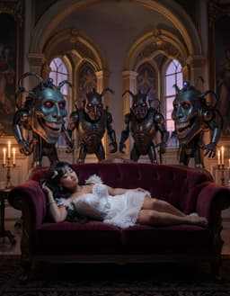 cyber‑punk samurai woman lying on plush velvet couch, ornate white mini‑dress edged with crystalline frost, silver ring glinting, in a candlelit chamber of opulent royal grandeur, four dark‑coloured robomonster standing together, metallic shoulders silhouetted against gilded arches, each turning to meet her eyes, sleepy dusk mood with fading gold and violet hues, long shadows, gentle nostalgic atmosphere, low‑angle view, woman resting, robos gazing.