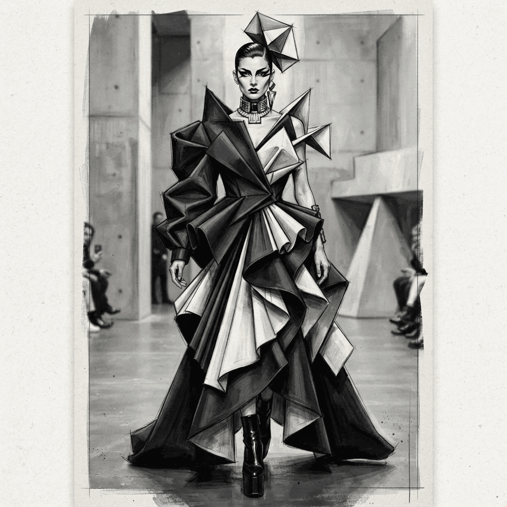 avant garde fashion, sculptural exaggerated silhouette, architectural folds, monochrome, conceptual couture, styled with statement accessories, fashion illustration, full body