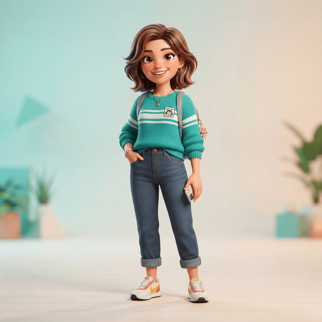 a cheerful stylized life simulation game character, casual modern outfit, friendly smile, full body, clean soft gradient studio background, vibrant, crisp high detail, 3d cartoon render