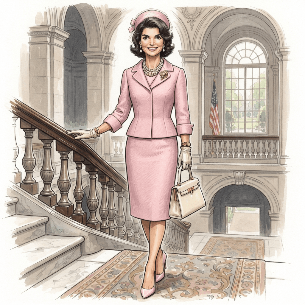 first lady fashion, tailored pastel skirt suit, pillbox hat, pearl necklace, styled with statement accessories, fashion illustration, full body