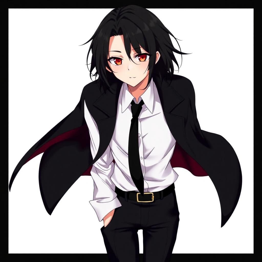 

a guy with medium length black hair that reaches his neck and Crimson Red eyes and is wearing a long-sleeved white shirt, a tie, a black coat, and black pants and black shoes in anime style