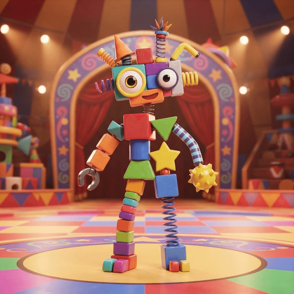 Zooble from The Amazing Digital Circus, abstract patchwork creature built from mismatched colorful toy blocks and shapes, big friendly eyes, full-body portrait standing on the circus stage, glossy 3D circus style, polished expressive 3D animation, bright colorful Amazing Digital Circus environment, no text, no logo, no watermark
