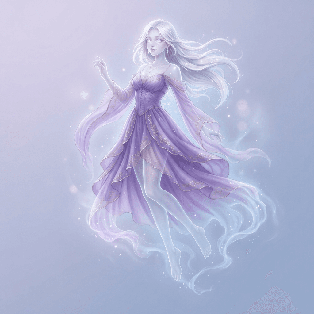 an original ghost character, a translucent pale girl with long white hair and a flowing purple dress, drifting in the air, full body original character design, clean soft gradient studio background, vibrant, crisp high detail, digital illustration, no text, no words, no watermark