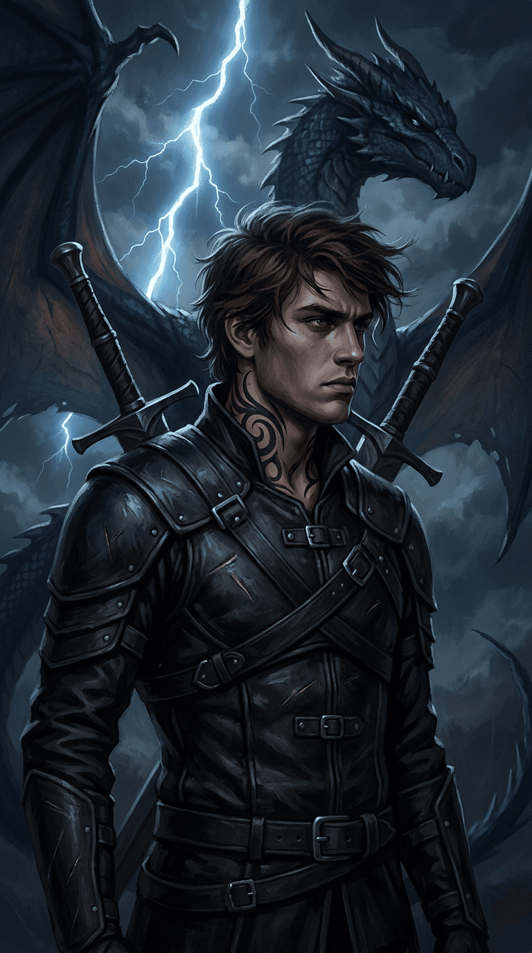 Original character in the world of Fourth Wing, painted as a realistic dark fantasy book-cover illustration: a brooding young dragon rider man with dark hair and swirling shadow tattoos on his neck, black flight leathers, twin swords on his back, a navy blue dragon and lightning behind him. Portrait framing from the waist up, face in the upper third of the frame, one character only. No text, no logo, no watermark.