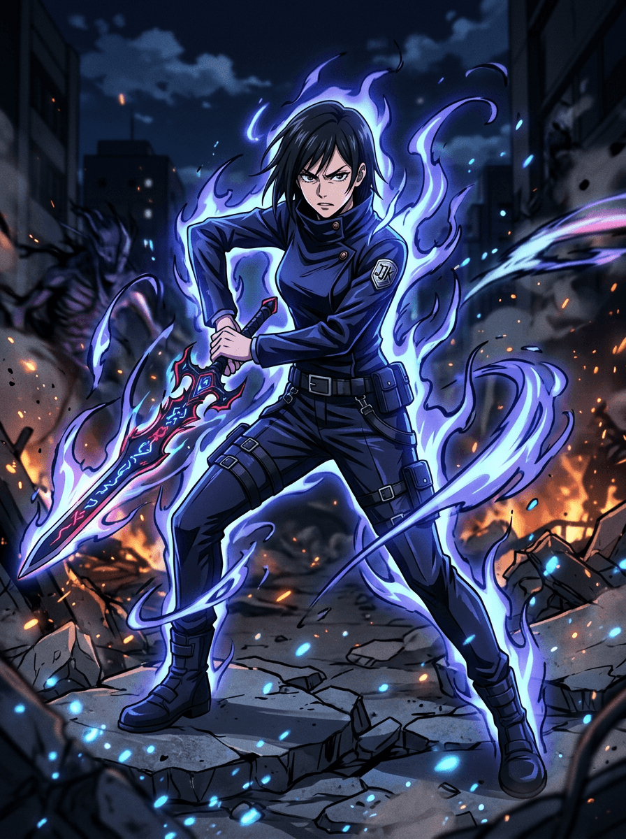 an original jujutsu sorcerer character, confident battle stance, glowing cursed energy swirling around the body, sleek dark sorcerer uniform, signature weapon, Jujutsu Kaisen anime style, cinematic MAPPA-inspired action, crisp cel shading, dynamic cursed-energy effects, dramatic ink linework, high-contrast lighting, fluid action poses, detailed sorcerer uniforms, intense facial expressions