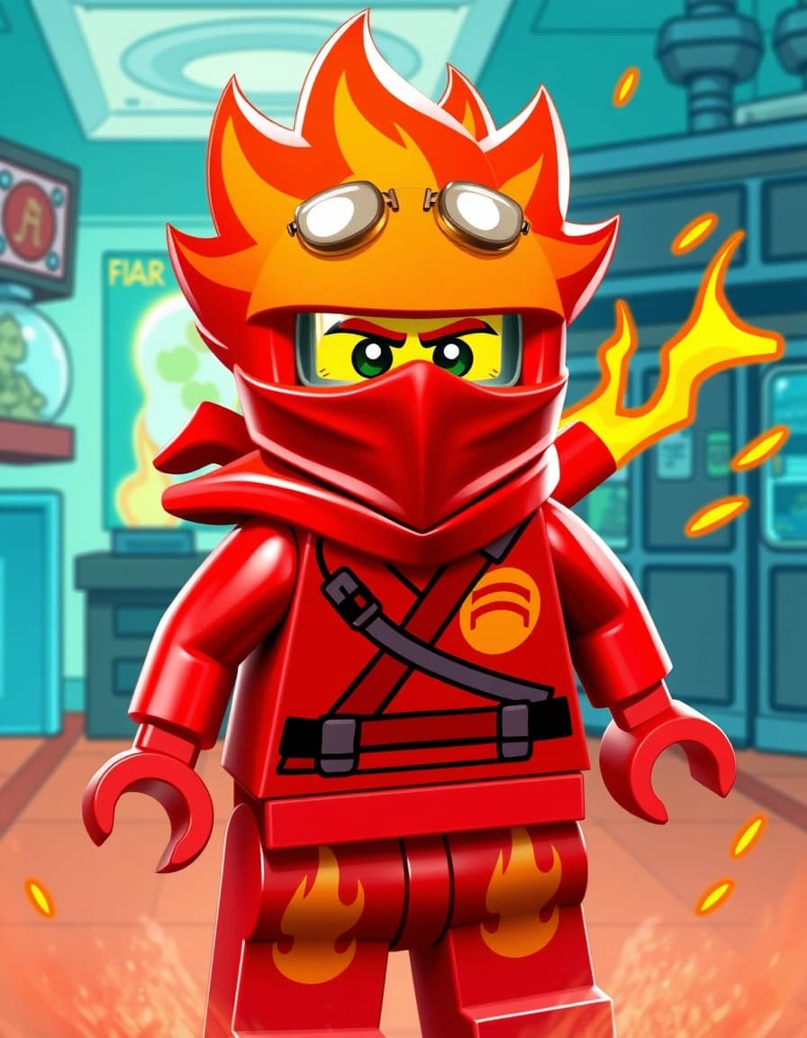 Fire  from “Fixiki” redesigned as a LEGO Ninjago red ninja minifigure. He has Fire’s hairstyle and goggles adapted to LEGO style, wearing a red ninja outfit with golden flame symbols. Bright cartoon background with a lab and energy sparks, dynamic action pose.