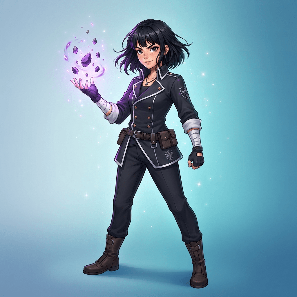 Anime illustration, 3/4 view, original sorcerer girl with short black hair and freckles, dark uniform with rolled sleeves, purple cursed energy shaped like small floating stones, soft blue gradient studio background, vibrant, crisp lines