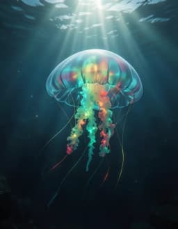 a deep‑ocean medusa drifting in dark water is rendered in a photorealistic, sunny, magical, dreamy style, with crystal‑clear lighting that catches the translucent bell and bioluminescent tentacles glowing turquoise, emerald, red and gold. the scene captures the moody depth of the ocean, emphasizing subtle gradients of blue and faint shafts of sunlight piercing the water, while maintaining the ethereal glow of the creature. soft, realistic water textures and gentle ripples surround the medusa, and a faint, dreamy haze adds a magical atmosphere, preserving the deep‑sea setting with vivid, lifelike detail.