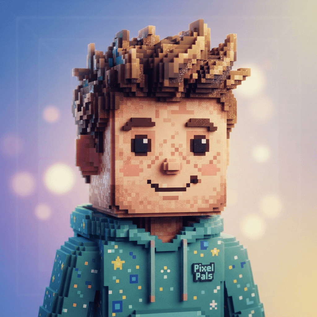 original voxel avatar character headshot, cube-shaped head with pixel texture skin, teal pixel hoodie, spiky pixelated brown hair, friendly pixel smile, blocky sandbox game style