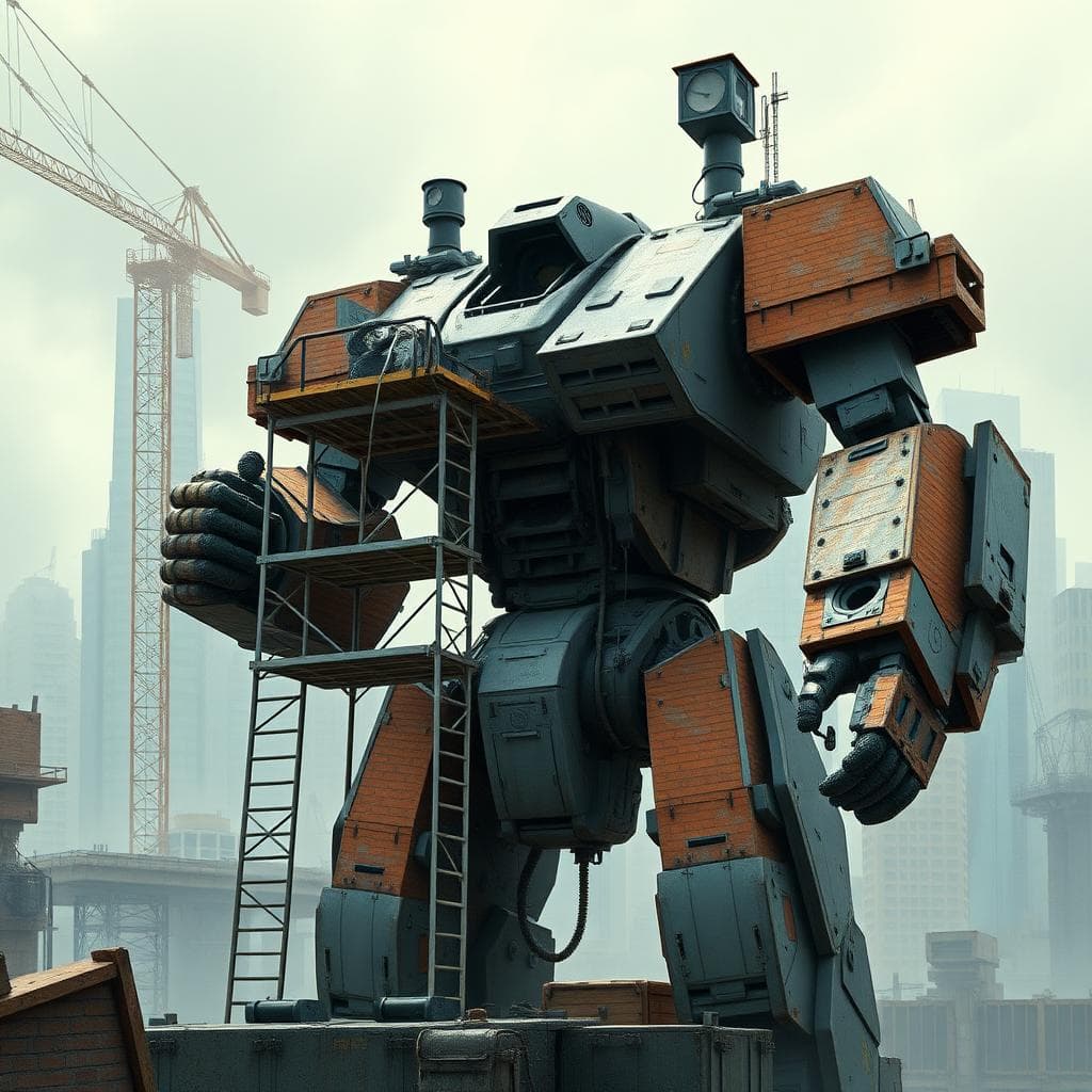 a construction worker working on scaffolding, an empty and open giant Mech suit broken, brick shape, sci-fi Noir post-futuristic environment,  cityscape, isaac Asimov book cover, style of Michel Whelan and Masamune Shirowm, high quality, premium, matt, aesthetic,