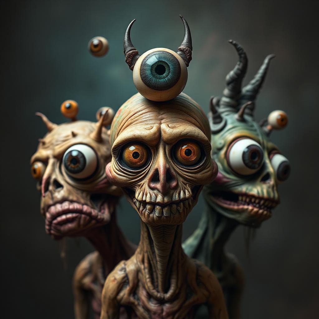 a high quality professional image of random grotesque surreal characters with eyeballs, grotesque surrealist style, artistic, surrealism, eyeballs, bizarre, unique, creative, strange, twisted, fantastic, abstract, detailed, colourful, imaginative, eccentric, unusual, strange, oniric, fantasy, fantasy, hallucinatory, distorted, supernatural, dreamy, avant-garde, conceptual, experimental, strange, peculiar, bizarre, artistically distorted, twisted, avant-garde surreal, creative composition, vivid colours, haunted, nightmarish, otherworldly, mysterious, enigmatic, peculiar, unusual, stimulating, eerie lighting, surreal essence, strange, unusual creatures, artistic vision, detailed characters, unique design, imaginative concept, oniric setting, visually striking, disturbing, visual metaphor, symbolic, bizarre characters, extraordinary artwork, dream-inspired, distorted features, elaborate details, surreal atmosphere, fantasy atmosphere, artistic expression, bizarre elements, imaginative world, fantastic beings, abstract forms, nightmarish atmosphere, conceptual art, artistic masterpiece, surreal interpretation, strange atmosphere, strange valley effect, strange creatures, bizarre scenario, symbolic imagery, artistic, fantastic creatures.