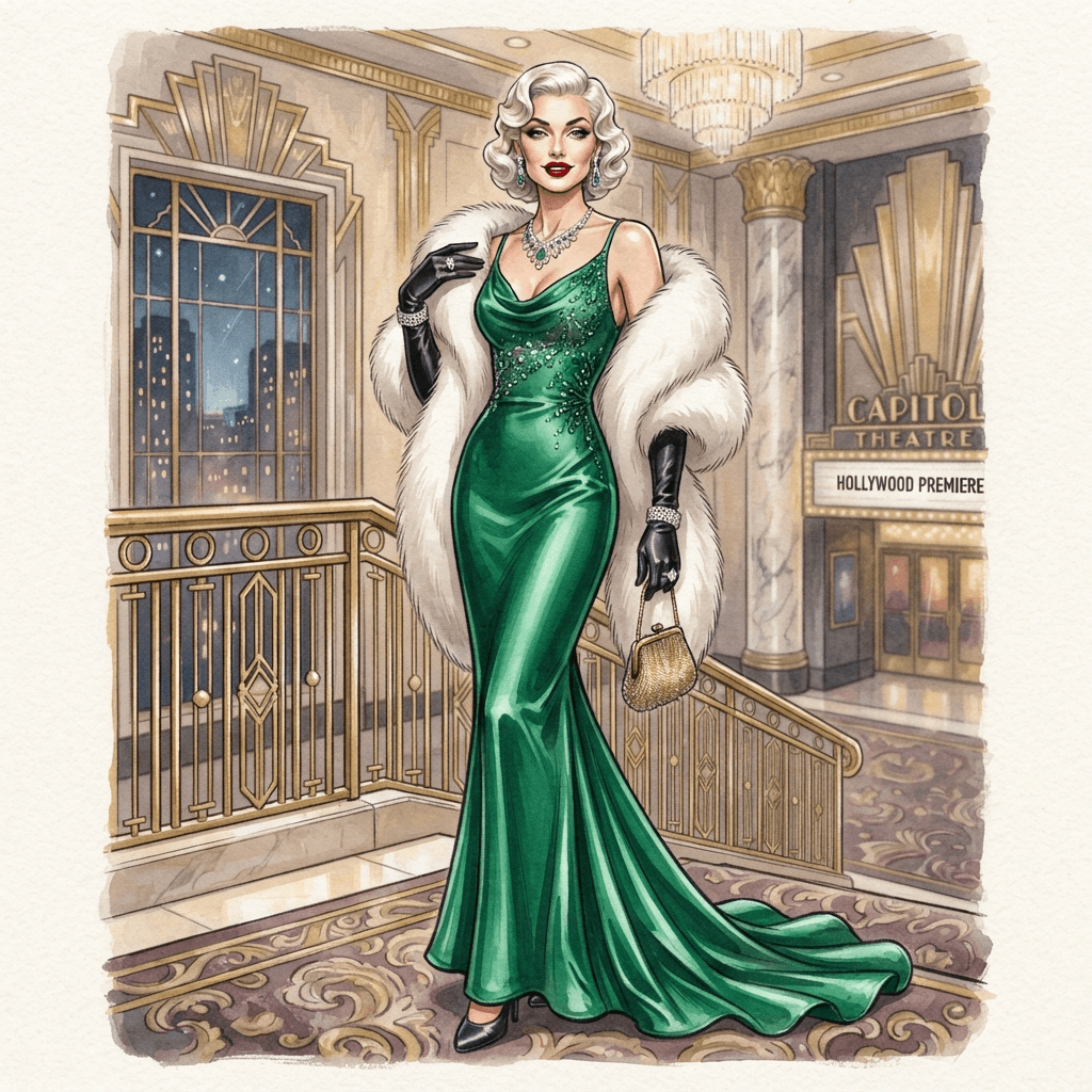 retro hollywood glamour fashion, satin bias cut gown, fur stole, elbow gloves, finger waves, styled with statement accessories, fashion illustration, full body