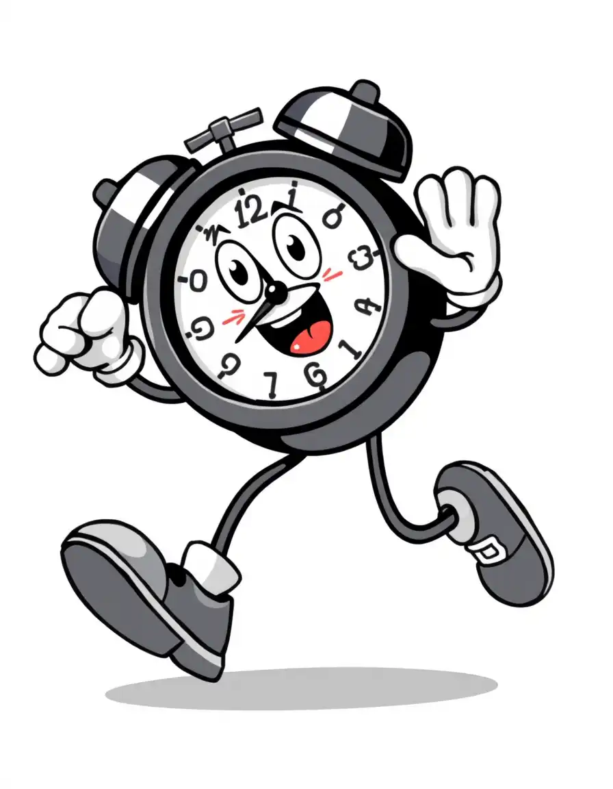 Base Style Prompt: ...in the style of 1930s rubber hose animation, retro vintage cartoon mascot, thick bold black outlines, flat vector colors, white gloves, pie eyes, no gradients, clean simple design, isolated on a pure white background --ar 1:1

 A cute vintage alarm clock character running frantically, sweat droplets, ringing bells, wearing oversized shoes and white gloves, in the style of 1930s rubber hose animation, retro vintage cartoon mascot, thick bold black outlines, flat vector colors, pie eyes, no gradients, clean simple design, isolated on a pure white background. best