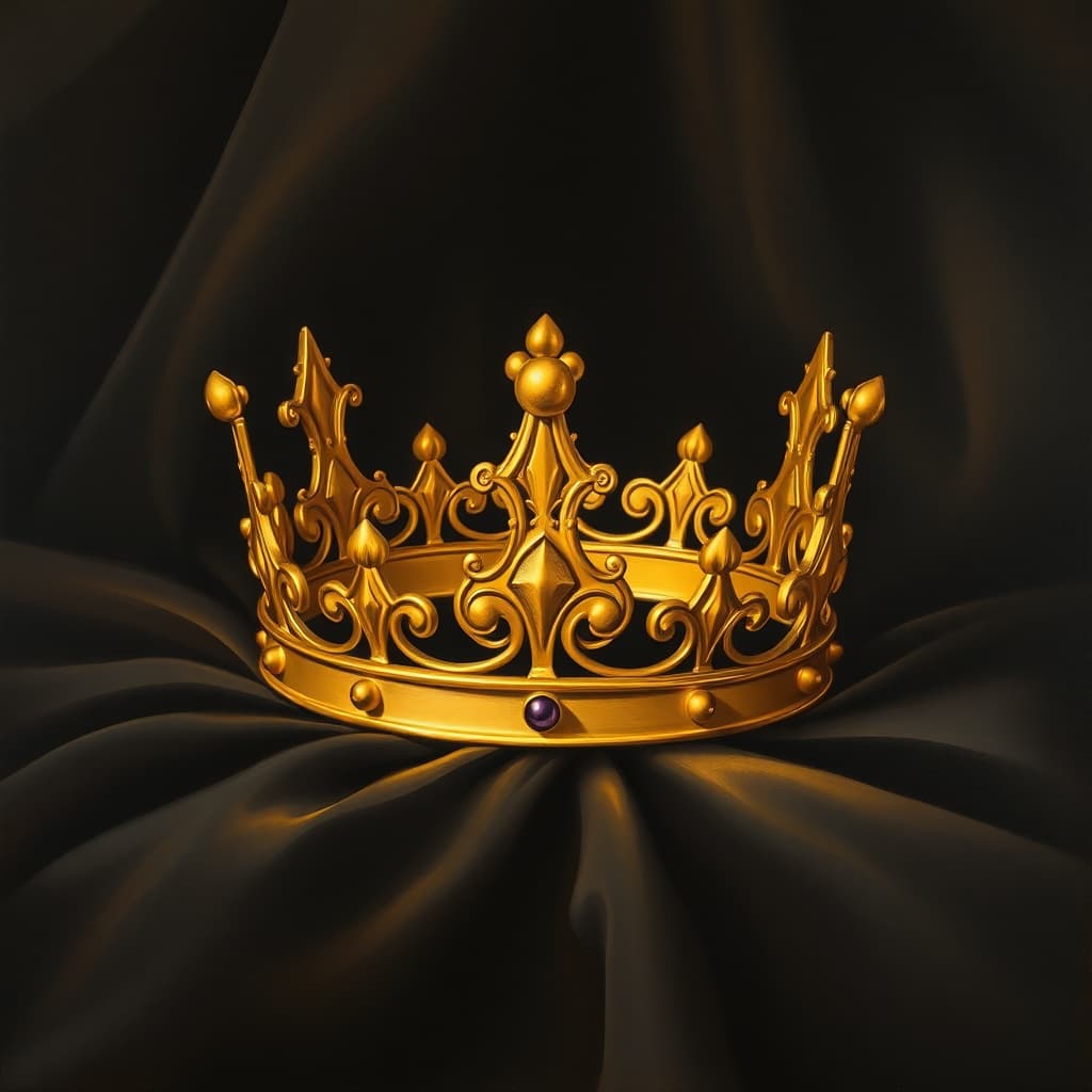 Elegant oil painting of a golden crown resting on black velvet fabric, soft glow, royal yet minimal aesthetic, centered composition, luxury art vibe.