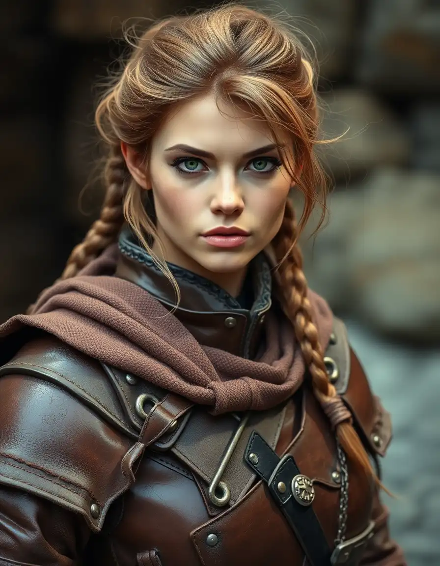 Vintage dungeons and dragons, a female warrior (perfect eyes), wearing leather armour,  (intricate details)