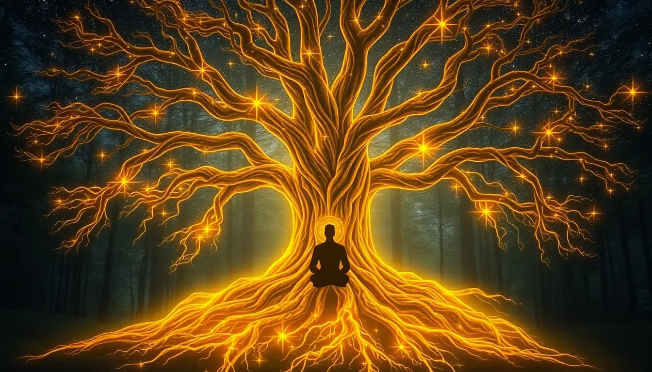An ancient tree with golden roots extending into a universe of stars, the trunk transforms into a human silhouette sitting peacefully, no distinction between nature and spirit, mystical forest background, spiritual symbolic art, luminous and timeless